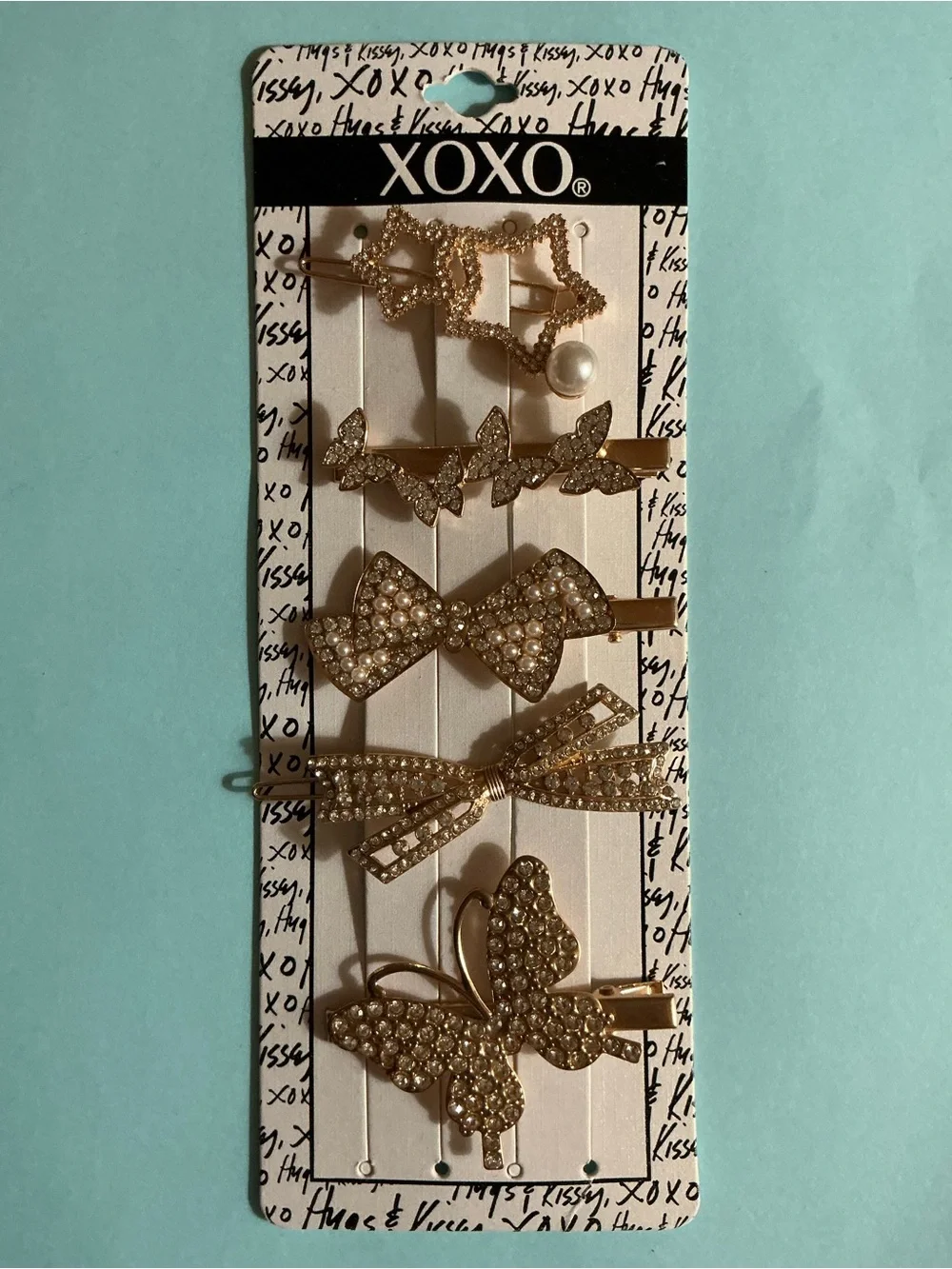 XOXO Gold Rhinestone Butterfly Stars & Bow Hair Clip Set of 5